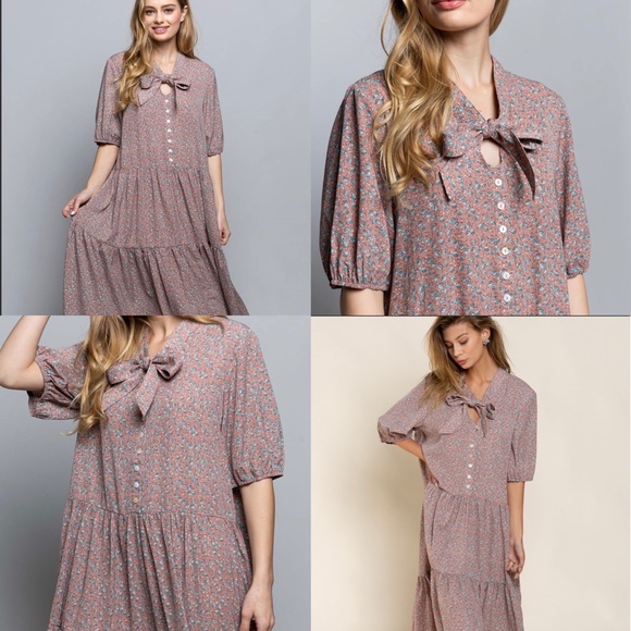 POL Ditsy Flower Red Bean MIDI Dress - Picture 7 of 8